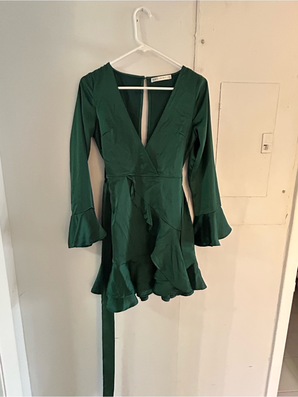 Deep Green Long Sleeve Wrap Dress with Ruffle Hem